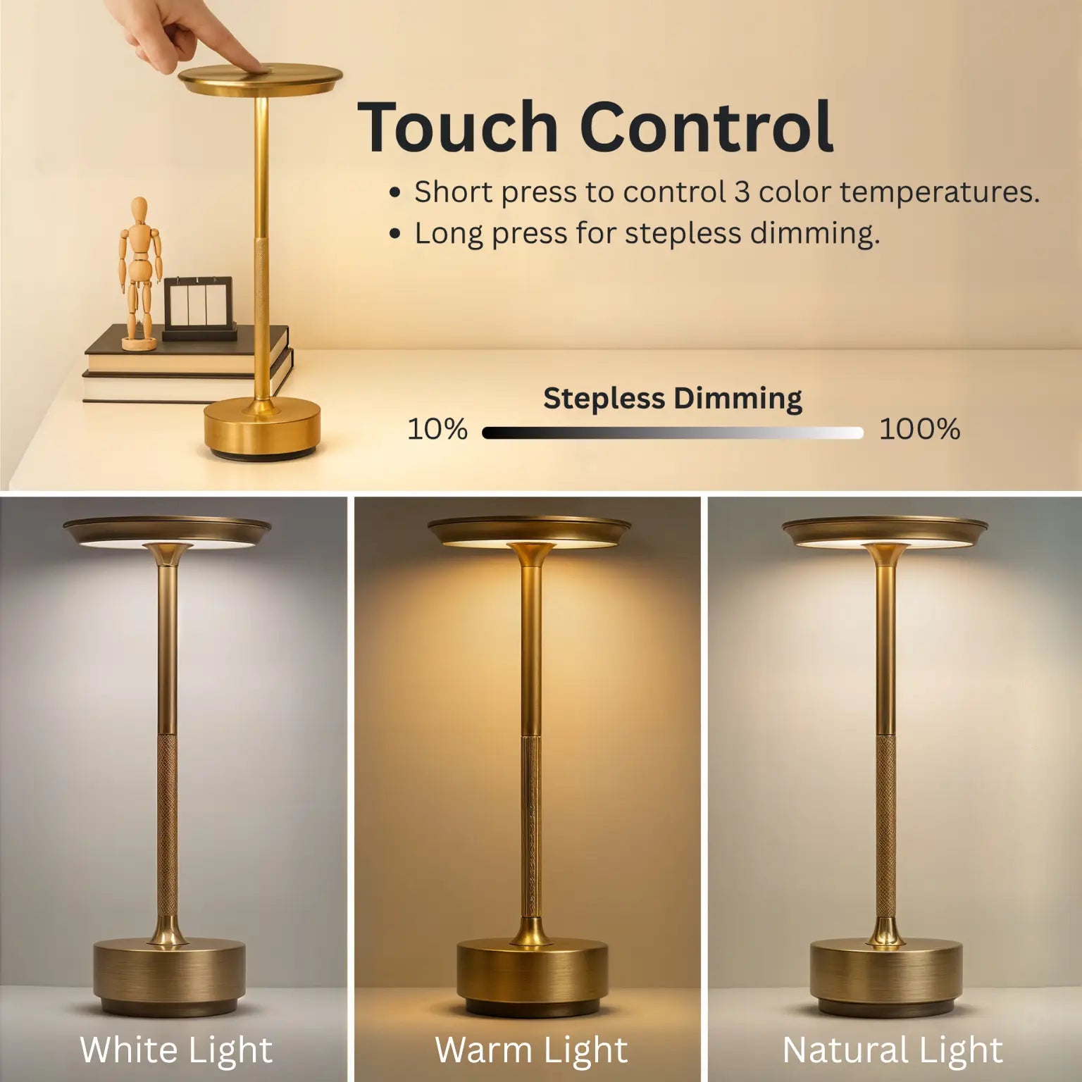 Gold table lamp with touch control features on a neutral background