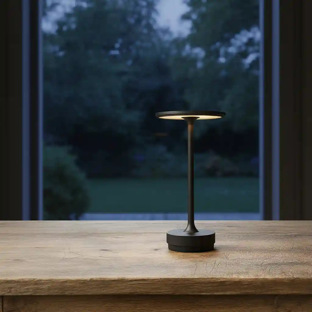 Black outdoor lamp on a wooden table with a blurred natural background