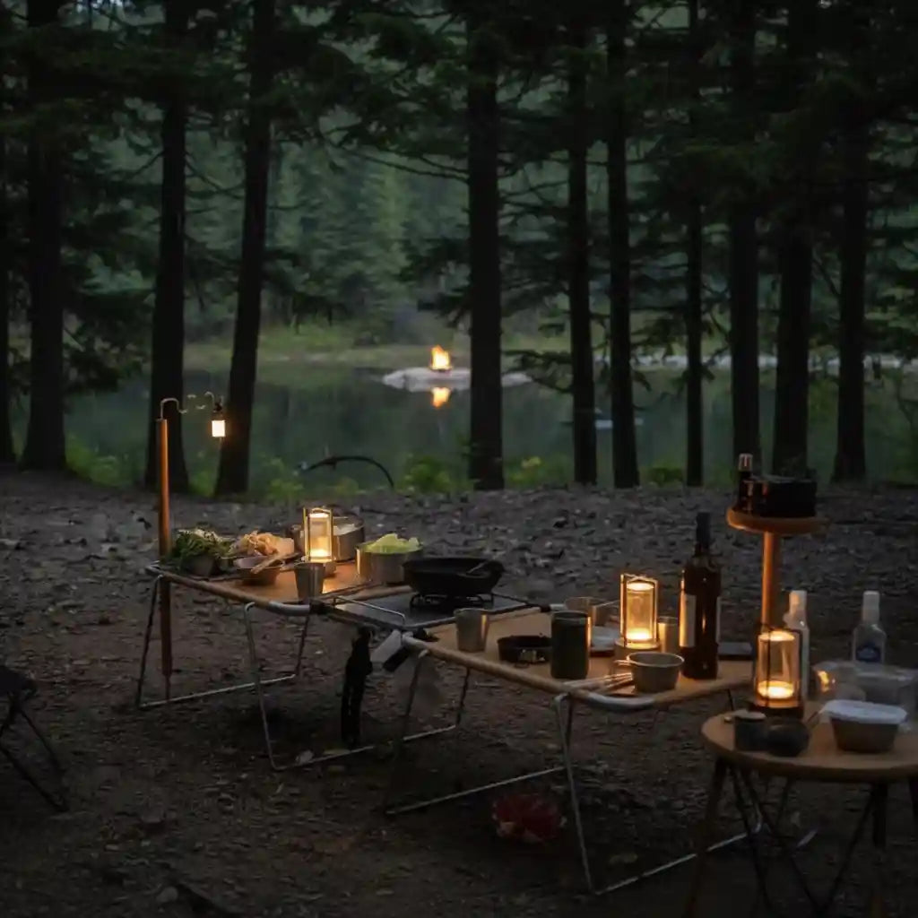 Camping setup with lanterns and food near a lake at night