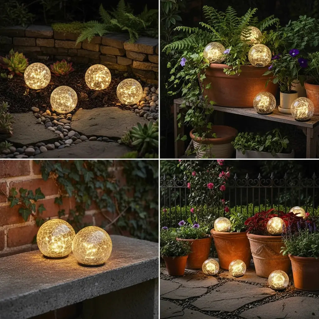 Collage of decorative glass globe lights in various outdoor settings.