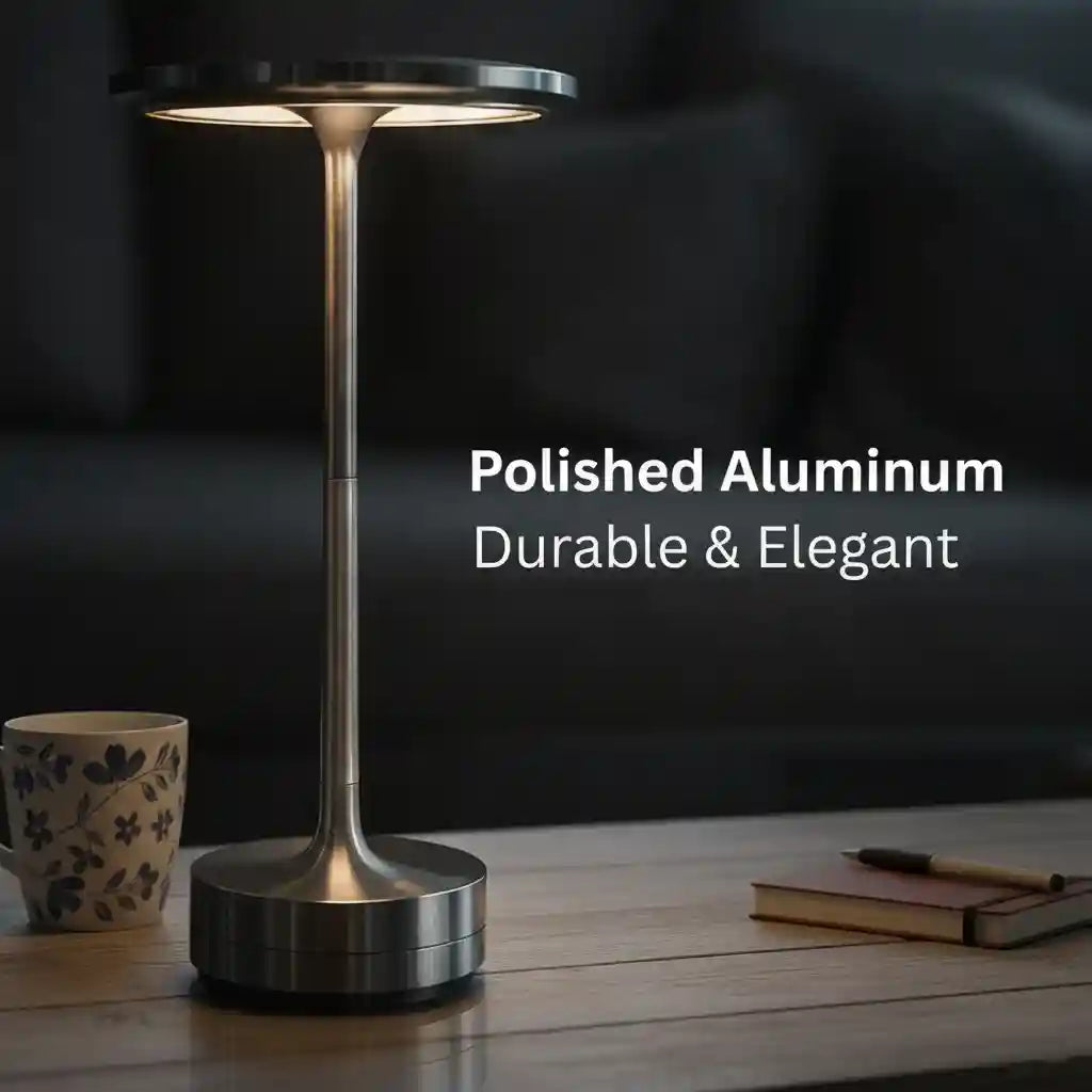 Polished aluminum table lamp on a wooden surface with a dark background