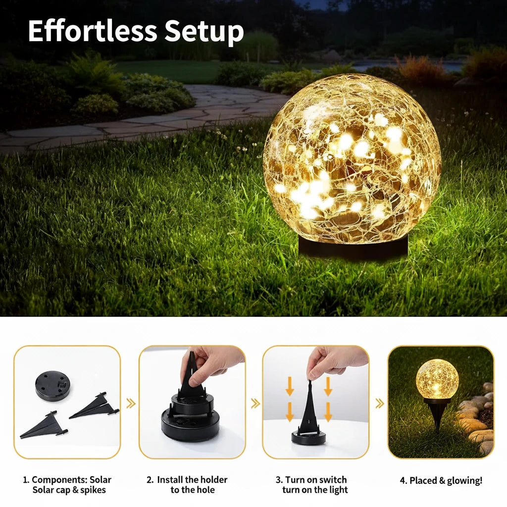 Solar garden light ball with setup instructions on a grassy background