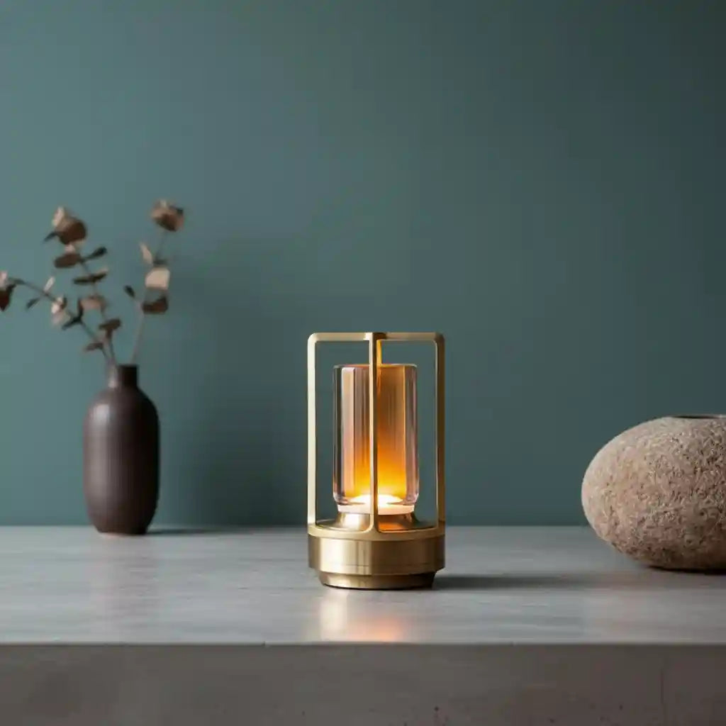 Gold lantern with a warm glow on a table against a teal wall.