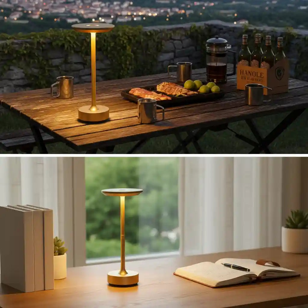 Outdoor table with lamp, food, and drinks at night and indoor setup on a desk.