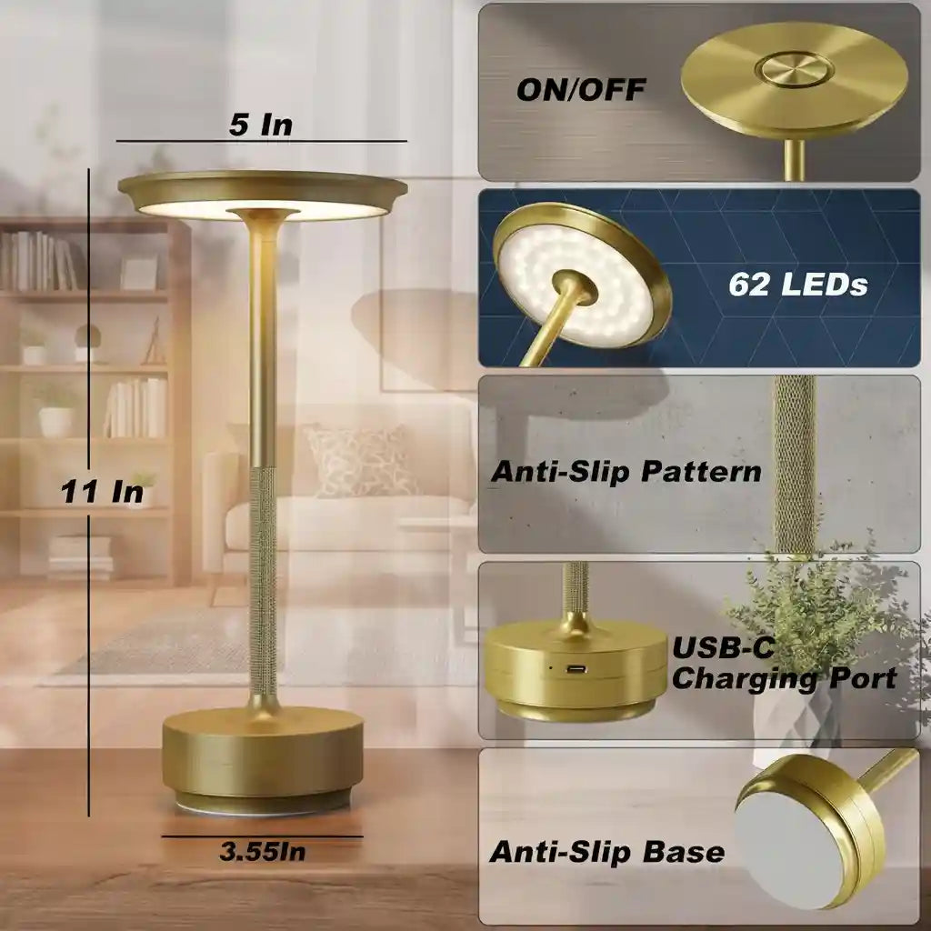 Gold LED desk lamp with features highlighted on a blurred indoor background