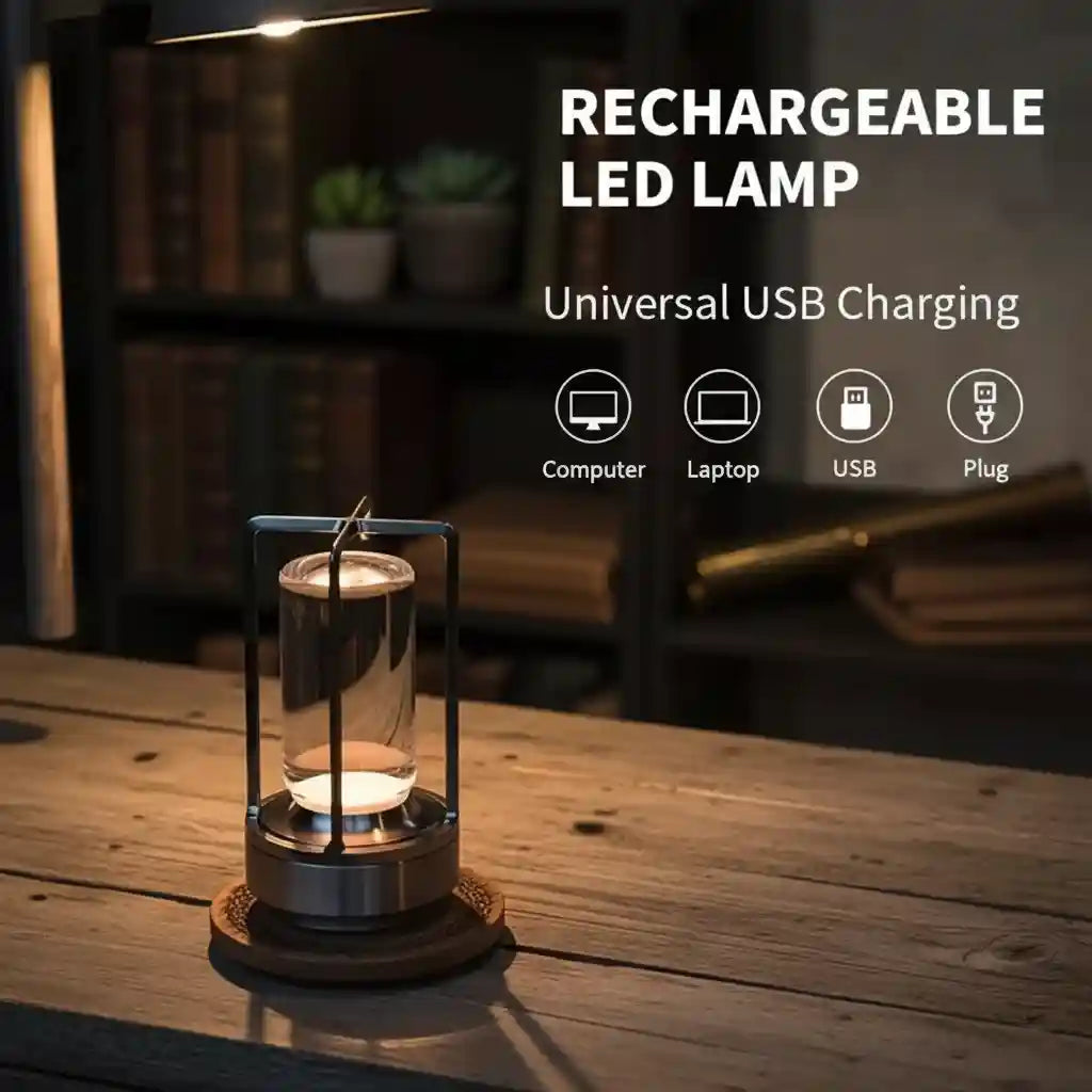 Rechargeable LED lamp on a wooden table with charging options displayed.
