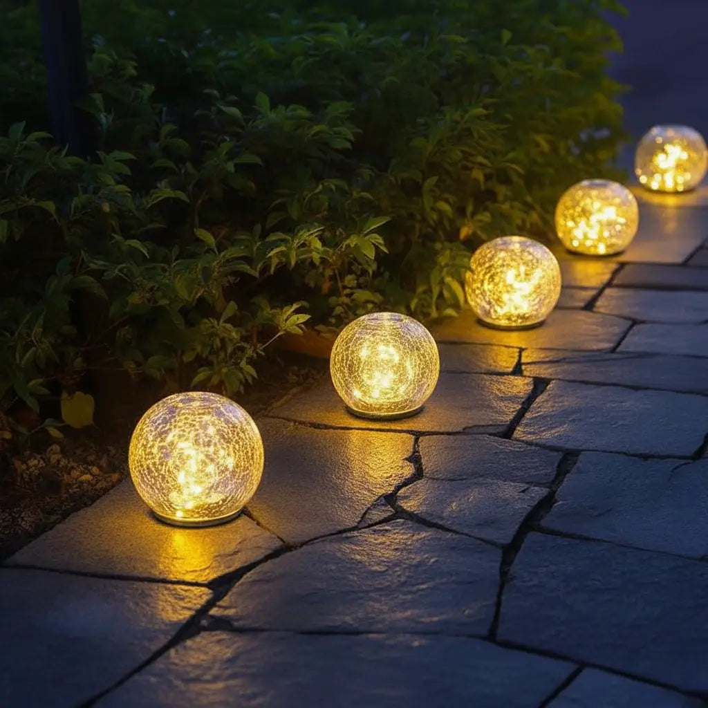 Decorative outdoor lights on a stone pathway with greenery in the background