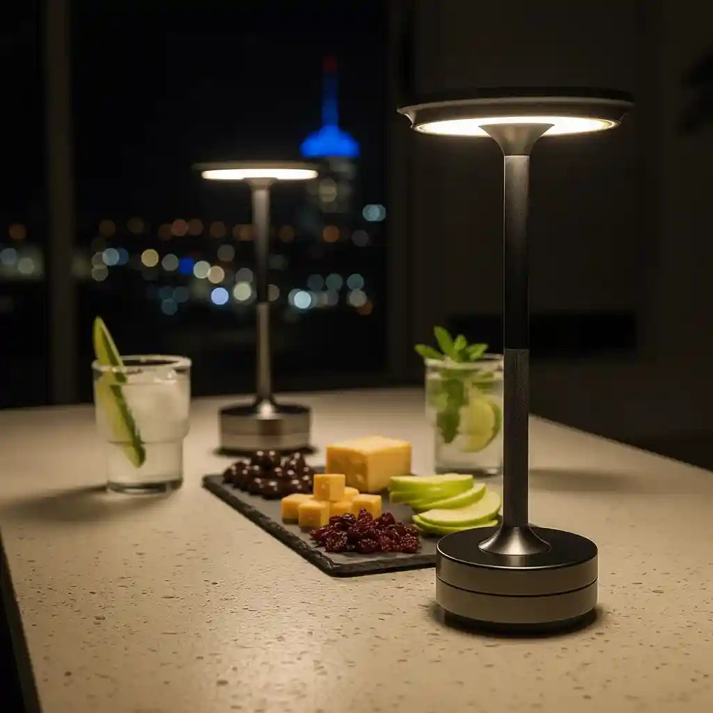Outdoor setting with a lamp illuminating a table with food and drinks, blurred city lights in the background.
