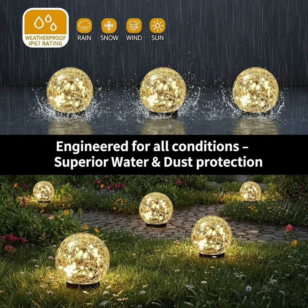 Gold spherical outdoor lights with water resistance features on a dark background