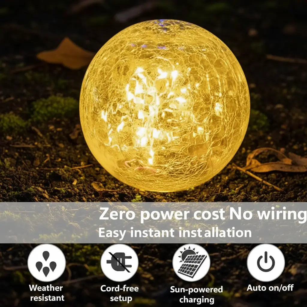 Solar-powered decorative light ball on the ground with text highlighting features.