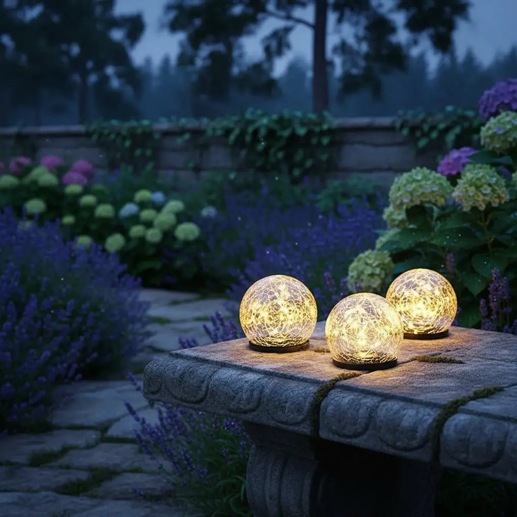 Three glowing glass balls on a stone ledge in a garden at night.